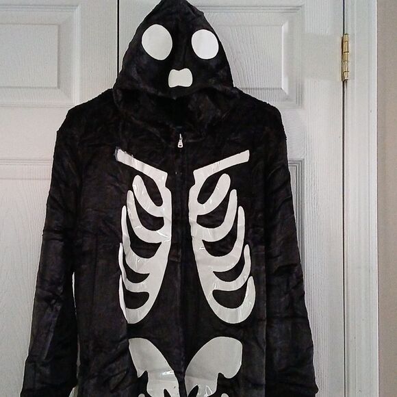 Skeleton glow in the dark hooded costume Soft and fuzzy warm Zipper front Sz S - Picture 3 of 5